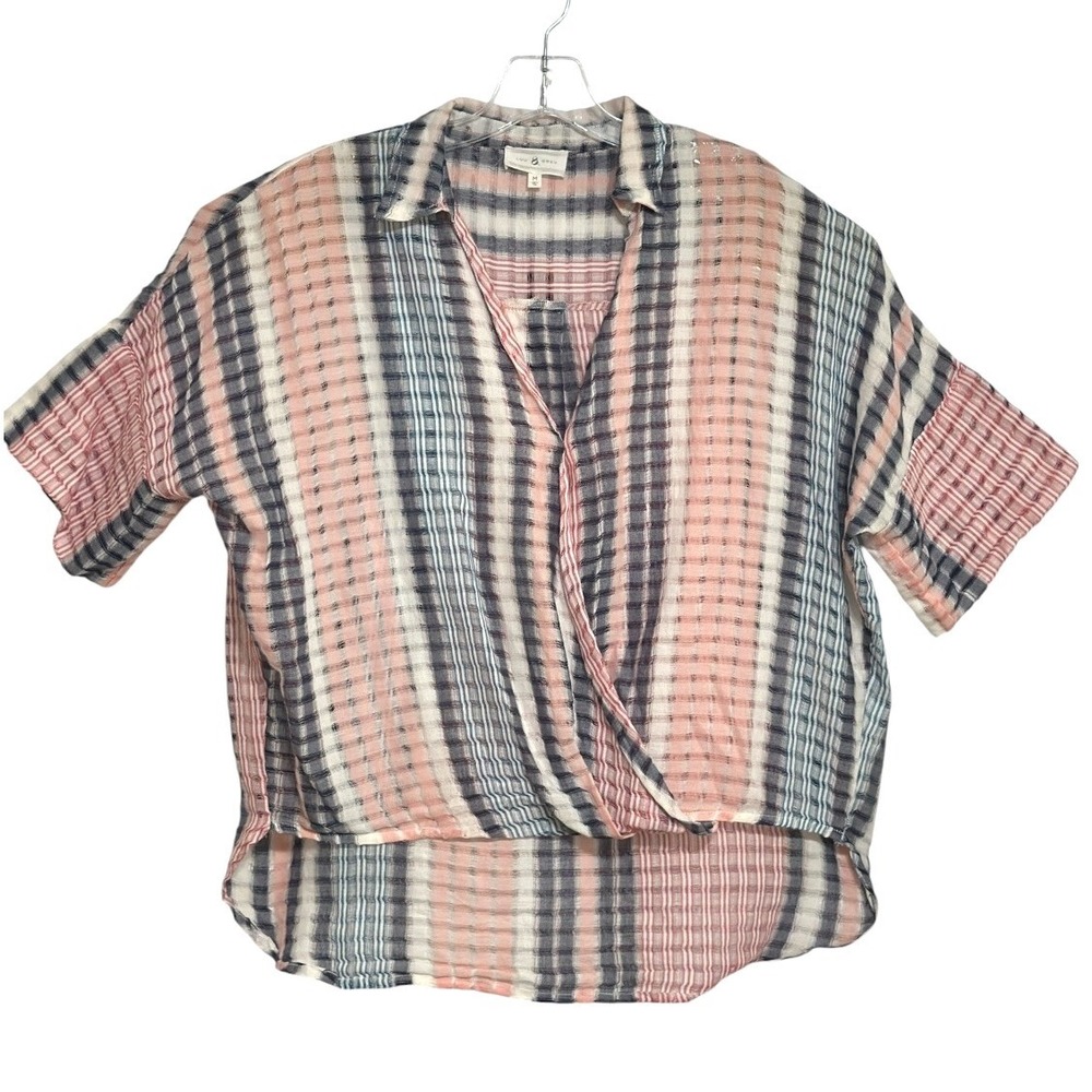 Lou & Grey Surplice Wrap Top Women Pink Blue Striped Textured Boho Coastal M
